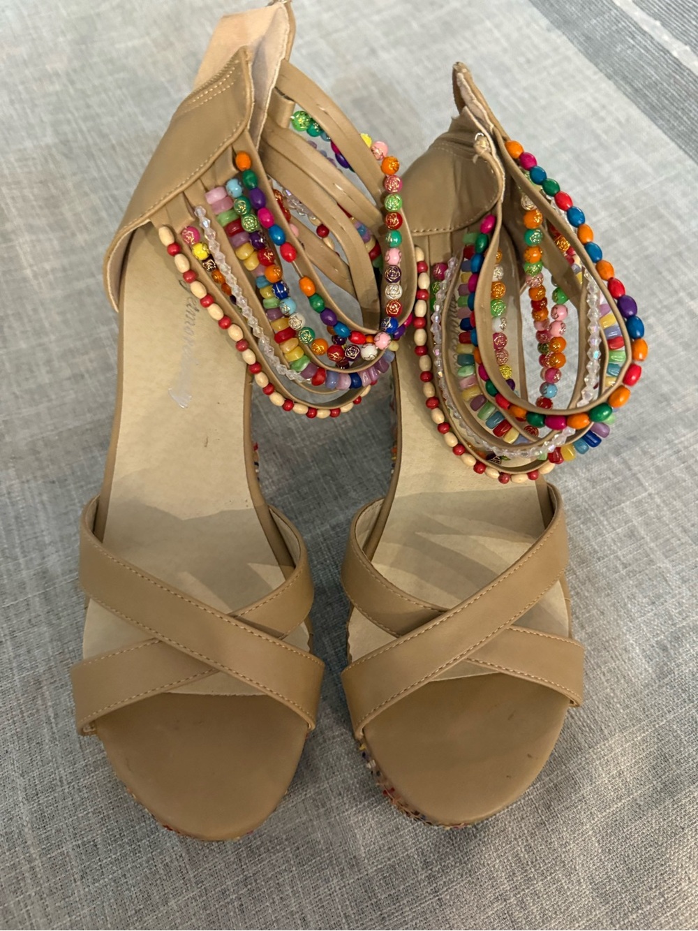 Tan Espadrille Wedge Sandals with Multicolor Beaded Straps